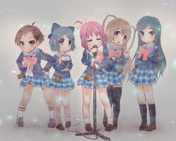  5girls amamiya_manami bow closed_eyes commentary_request etou_mei gakuen_utopia_manabi_straight! grin hands_on_own_hips inamori_mika long_hair microphone microphone_stand multiple_girls music odori_momoha open_mouth photoshop_(medium) pica_(hpipi) pink_bow school_uniform seiou_gakuen_school_uniform short_hair singing skirt smile thighhighs uehara_mutsuki 