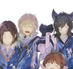  4boys arthur_(granblue_fantasy) black_hair blonde_hair brown_hair commentary_request cruz_(granblue_fantasy) erune fist_bump granblue_fantasy hageee harvin male_focus mordred_(granblue_fantasy) multiple_boys order_of_the_white_dragon_uniform short_hair simple_background tornelio_(granblue_fantasy) upper_body white_background 