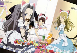  3girls absurdres airi_(robotics;notes) animal_ears bare_shoulders black_hair blonde_hair brown_hair cat_ears cat_tail drink food highres koujiro_frau long_hair looking_at_viewer maid megami_magazine multiple_girls nagura_satoshi official_art photo_(object) robotics;notes senomiya_akiho snack tail 