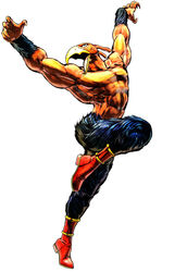  3d_(artwork) abs anthro avian beak biceps big_muscles biped bird black_body black_feathers boots claws clothing digital_media_(artwork) feathers footwear green_eyes hi_res hirohiko_araki jojo&#039;s_bizarre_adventure magician&#039;s_red male mostly_nude muscular muscular_anthro muscular_male official_art open_mouth orange_body orange_skin pecs pose raised_leg shoes simple_background solo stand_(jjba) tongue vein white_background 