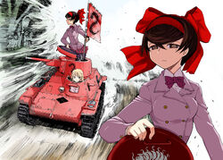  1boy 4girls black_hair black_legwear blazer blonde_hair bow bowtie brown_eyes bug buttons caterpillar_tracks centipede collared_shirt commentary_request crest emblem faceless faceless_female faceless_male family_crest flag frown girls_und_panzer girls_und_panzer_ribbon_no_musha grey_eyes hair_between_eyes hairband hairbow hatch highres jacket leg_lift light_smile loafers long_hair long_sleeves looking_at_viewer looking_to_the_side matsukaze_rin military military_vehicle mole mole_under_eye motor_vehicle multiple_girls multiple_views nogami_takeshi pantyhose plaid plaid_skirt ribbon school_uniform shirt shoes short_hair skirt smile tank tatenashi_high_school_uniform tsuruki_shizuka type_97_te-ke yotsuwari-bishi 