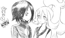  artist_request black_hair blonde_hair calme_(pokemon) couple koruni_(pokemon) long_hair lucario monochrome nintendo pokemon pokemon_(game) pokemon_xy ponytail short_hair tagme 