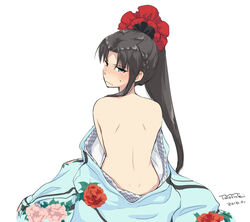  2016 alternate_costume alternate_hairstyle back back_focus bad_id bad_pixiv_id bare_back bare_shoulders black_hair blue_eyes blush braid clothes_down dimples_of_venus fate/stay_night fate_(series) female floral_print flower from_behind hair_flower hair_ornament hair_over_shoulder iida_toyoyuki japanese_clothes kimono light_frown long_hair looking_at_viewer looking_back no_bra nose_blush peony_print ponytail scrunchie sidelocks signature simple_background solo sweatdrop tohsaka_rin very_long_hair white_background 