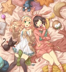  2girls :d ;o alternate_costume animal_hood bad_id bad_pixiv_id black_eyes black_hair black_legwear blonde_hair blunt_bangs bow braid candy commentary_request dress eating food frilled_dress frills green_eyes hairbow hood hoodie hugging_object jacket kneehighs lillie_(pokemon) litten long_hair long_sleeves lying macaron multicolored_clothes multicolored_dress multiple_girls off_shoulder on_back one_eye_closed open_clothes open_jacket open_mouth pillow pillow_hug pink_shorts pokemon pokemon_(creature) pokemon_sm popplio rabbit_hood rii_(pixiv11152329) rowlet selene_(pokemon) short_dress short_hair shorts smile socks starter_pokemon_trio striped_clothes striped_socks swept_bangs thighhighs twin_braids 