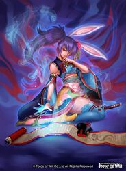  animal_ears ayu_(force_of_will) commentary_request copyright_name female force_of_will japanese_clothes katana long_hair official_art purple_hair rabbit_ears red_eyes sandals scroll sitting solo sparkle sword thighhighs tsutsui_misa weapon 