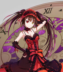  armpits bad_id bad_pixiv_id black_hair breasts cleavage clock_eyes date_a_live detached_sleeves dress female hairband heterochromia lolita_hairband long_hair looking_at_viewer medium_breasts red_eyes shan-n smile solo symbol-shaped_pupils tokisaki_kurumi twintails 