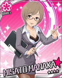  artist_request breasts card_(medium) character_name cleavage female fishnet_pantyhose fishnets flower_(symbol) glasses holding idolmaster idolmaster_cinderella_girls jpeg_artifacts manaka_misato medium_breasts official_art pantyhose pink_background pointer solo sparkle 