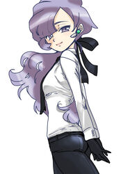  anabel_(pokemon) arms_behind_back ass bad_id bad_pixiv_id belt black_belt black_gloves black_necktie black_pants black_ribbon breasts buttons collared_shirt commentary_request cowboy_shot earbuds earphones female flat_ass gloves hair_ribbon lips long_hair long_sleeves looking_at_viewer low_ponytail necktie no_jacket own_hands_together pants parted_bangs pokemon pokemon_sm purple_eyes purple_hair ribbon shirt simple_background small_breasts smile solo standing torimeiro white_background white_shirt 