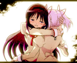  2girls akemi_homura akira-riku black_hair commentary_request from_behind hairband hug kaname_madoka letterboxed long_hair mahou_shoujo_madoka_magica mahou_shoujo_madoka_magica_(anime) mitakihara_school_uniform multiple_girls pink_hair school_uniform short_hair short_twintails tears twintails 