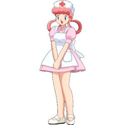  female joy_(pokemon) long_hair lowres nurse nurse_cap nurse_joy open_mouth pink_hair pokemon pokemon_(anime) short_dress simple_background smile solo white_background 