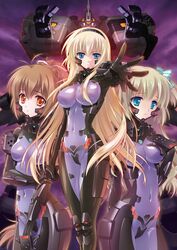  3girls :&lt; blonde_hair blue_eyes bodysuit bow breasts brown_hair carnelian covered_navel fortified_suit hairband hairbow hand_on_own_chest highres imageboard_desourced irisdina_bernhard katia_waldheim large_breasts liz_hohenstein long_hair mecha mig-21_balalaika_(muv-luv) multiple_girls muv-luv muv-luv_alternative non-web_source official_art outstretched_hand parted_lips pilot_suit ponytail purple_bodysuit robot schwarzesmarken small_breasts tactical_surface_fighter very_long_hair 