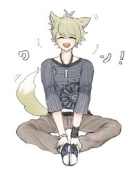  ! ahoge amami_rantarou animal_ears closed_eyes danganronpa eyebrows fc female green_hair happy jewelry necklace new_danganronpa_v3 open_mouth pants shirt shoes short_hair solo striped striped_shirt tail 