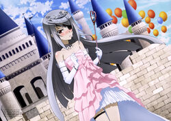  absurdres balloon blush castle cloud day elbow_gloves eyepatch female gloves grey_hair highres imageboard_desourced infinite_stratos kondou_natsuko laura_bodewig legs long_hair non-web_source official_art pout red_eyes sky solo thigh_strap tiara very_long_hair wand 