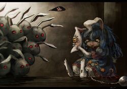  against_wall animal_ears ball_and_chain_restraint blood blue_hair buck_teeth chained chains commentary crying crying_with_eyes_open dress earclip female holding_ears koto_inari letterboxed long_hair looking_at_another metal_ball moon_rabbit_extra_(touhou) rabbit rabbit_ears red_eyes seiran_(touhou) sitting stapled tears teeth touhou 