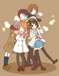  2boys 3girls asahina_mikuru bad_id bad_pixiv_id blue_sailor_collar blue_skirt brown_eyes brown_hair coat hiding kita_high_school_uniform koizumi_itsuki kyon long_hair moffunnyo multiple_boys multiple_girls nagato_yuki pantyhose purple_hair sailor_collar scarf school_uniform serafuku short_hair skirt suzumiya_haruhi suzumiya_haruhi_no_yuuutsu thighhighs winter_uniform 