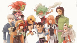  4girls 5boys bartholomew_fatima billy_lee_black blonde_hair blue_eyes bow braid brown_eyes brown_hair cape chu_chu_(xenogears) citan_uzuki closed_eyes colored_skin commentary_request dark_skin dress drill_hair elhaym_van_houten emerada_(xenogears) eyepatch fei_fong_wong fingerless_gloves glasses gloves goggles goggles_on_head green_eyes green_hair green_skin grey_hair hair_over_shoulder hairbow hat ixima laughing long_hair marguerite_fatima maria_balthasar military military_uniform multiple_boys multiple_girls orange_hair orange_hat pointy_ears red_hair ricardo_banderas scarf short_hair single_braid skirt smile uniform vest xenogears yellow_bow yellow_eyes 