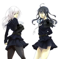  2girls ahoge bangs belt black_hair hair_between_eyes kantai_collection kikuzuki_(kantai_collection) long_hair long_sleeves mikazuki_(kantai_collection) multiple_girls necktie pantyhose pleated_skirt sa sa_tsuko school_uniform serafuku silver_eyes skirt white_hair yellow_eyes 