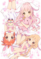  3girls :d abe_nana animal_ears ankle_lace-up bare_arms bare_legs bare_shoulders brown_eyes caracorn closed_mouth commentary_request cross-laced_footwear dress ears_down floral_background futaba_anzu hair_between_eyes head_tilt idolmaster idolmaster_cinderella_girls kemonomimi_mode long_hair looking_at_viewer low_twintails lying multiple_girls on_back open_mouth orange_hair parted_lips pink_hair rabbit_ears saionji_kotoka short_hair sleeveless sleeveless_dress smile strap_slip stuffed_animal stuffed_rabbit stuffed_toy toy_robot twintails upside-down v_arms very_long_hair wavy_mouth white_background white_dress white_footwear yellow_eyes 