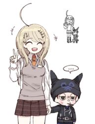  1boy ahoge akamatsu_kaede backpack bag blonde_hair blush_stickers breasts brown_hair closed_eyes danganronpa duo eyebrows female hair_ornament hairclip hat horned_headwear hoshi_ryouma jacket miniskirt musical_note musical_note_hair_ornament necktie new_danganronpa_v3 open_mouth pants school_uniform skirt striped striped_pants tie uniform 