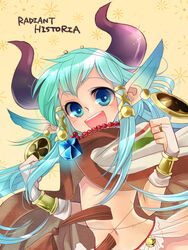  aht bad_id bad_pixiv_id blue_eyes cloak earrings female hiyo_(hinauf) horns jewelry long_hair midriff monster_girl necklace open_mouth radiant_historia satyr solo 