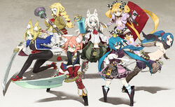  6+girls 7th_dragon 7th_dragon_(series) absurdres animal_ears berich_(7th_dragon) black_legwear blonde_hair blue_hair boots braid cat_ears commentary_request crown dress fighter_(7th_dragon) fox_ears gloves green_eyes hair_bobbles hair_ornament harukara_(7th_dragon) healer_(7th_dragon) highres ikurakun_(7th_dragon) knight_(7th_dragon) long_hair mage_(7th_dragon) melk_(7th_dragon) miwa_shirow mol_(7th_dragon) momomeno_(7th_dragon) multiple_girls namuna_(7th_dragon) pantyhose photoshop_(medium) pink_hair princess_(7th_dragon) red_eyes rogue_(7th_dragon) samurai_(7th_dragon_series) shield squatting stuffed_animal stuffed_rabbit stuffed_toy sword twintails wand weapon white_hair 