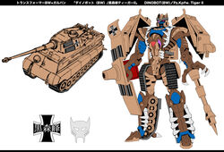  beast_wars beast_wars:_transformers caterpillar_tracks commentary_request dinobot_(beast_wars) emblem english_text fangs fusion girls_und_panzer gun highres insignia kuromorimine_(emblem) m_ganzy machinery maximal mecha military military_vehicle motor_vehicle multiple_views no_humans photoshop_(medium) predacon red_eyes robot science_fiction standing tank teeth tiger_ii transformers weapon white_background 