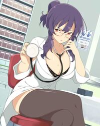  breasts female glasses large_breasts long_hair medical mole official_art purple_hair red_eyes senran_kagura sitting solo stethoscope suzune_(senran_kagura) thighhighs yaegashi_nan 