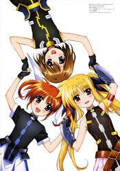  3girls absurdres arm_belt armpits bare_shoulders belt belt_buckle blonde_hair blue_eyes blush brown_hair buckle circle_formation copyright_notice fate_testarossa fate_testarossa_(blaze_form) fingerless_gloves gloves hair_ornament hairclip highres holding_hands long_hair looking_at_viewer lying lyrical_nanoha magical_girl mahou_shoujo_lyrical_nanoha mahou_shoujo_lyrical_nanoha_a&#039;s mahou_shoujo_lyrical_nanoha_the_movie_2nd_a&#039;s multiple_girls no_jacket official_art okuda_yasuhiro on_back open_mouth overskirt purple_eyes red_eyes red_hair short_hair short_twintails smile takamachi_nanoha takamachi_nanoha_(exelion_mode) twintails undersuit upside-down waist_cape white_background x_hair_ornament yagami_hayate 