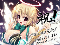  :d aine_(boku_ga_tenshi_ni_natta_wake) angel angel_wings blonde_hair boku_ga_tenshi_ni_natta_wake bow breasts cleavage detached_collar feathered_wings feathers female frills guitar halo index_finger_raised instrument large_breasts low_twintails open_mouth photoshop_(medium) shintarou smile solo twintails wings 