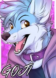  2016 andromorph_(lore) anthro arctic_fox blue_body blue_fur brown_eyes bust_portrait canid canine clothed clothing collar dagger_leonelli english_text fox fur goji_(flitchee) hoodie looking_at_viewer male mammal portrait smile solo text topwear true_fox white_body white_fur 