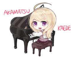  ahoge akamatsu_kaede backpack bag blonde_hair danganronpa eyebrows fc female hair_ornament hairclip miniskirt musical_note musical_note_hair_ornament new_danganronpa_v3 open_mouth piano purple_eyes school_uniform skirt solo sweater sweater_vest uniform 