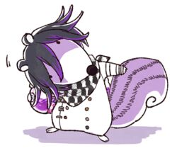  1boy animal animalization bangs buttons checkered_scarf danganronpa drink fc new_danganronpa_v3 ouma_kokichi purple_hair scarf shirt side_bangs solo squirrel straitjacket tail white_shirt 