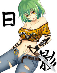  bare_shoulders belt breasts collarbone commentary_request crop_top denim earrings female green_hair hikage_(senran_kagura) holding holding_knife jeans jewelry knife large_breasts looking_at_viewer midriff naginoya navel off_shoulder pants senran_kagura senran_kagura_shinovi_versus senran_kagura_shoujo-tachi_no_shin&#039;ei shirt short_hair short_sleeves slit_pupils snake solo tongue tongue_out torn_clothes torn_jeans torn_pants unworn_belt wavy_hair wristband yellow_eyes yellow_shirt 