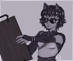  animal_humanoid breasts cat_humanoid ear_piercing eyewear faunus felid felid_humanoid feline feline_humanoid female hair hi_res humanoid humor kali_belladonna kjthetalekeeper mammal mammal_humanoid mature_female parody piercing rooster_teeth rwby solo sunglasses tray 