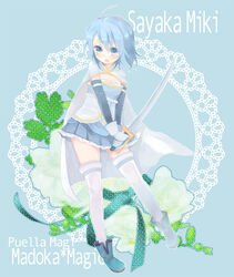  blue_eyes blue_hair cape commentary female gloves konatsu_miyu magical_girl mahou_shoujo_madoka_magica mahou_shoujo_madoka_magica_(anime) miki_sayaka miki_sayaka_(magical_girl) short_hair solo sword thighhighs weapon 