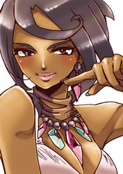  aqua_nails bad_id bad_pixiv_id bare_shoulders black_eyes black_hair blush breasts cleavage closed_mouth commentary_request dark-skinned_female dark_skin diamond_(shape) earrings female fingernails gem jewelry long_fingernails medium_breasts nail_polish neck_ring necklace olivia_(pokemon) pink_lips pink_shirt pokemon pokemon_sm shirt short_hair simple_background smile solo tank_top torimeiro upper_body white_background 