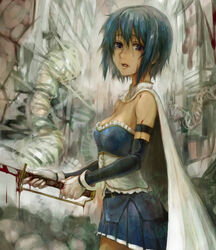  blood blue_eyes blue_hair cape commentary_request female gloves magical_girl mahou_shoujo_madoka_magica mahou_shoujo_madoka_magica_(anime) miki_sayaka miki_sayaka_(magical_girl) sasagawa_(haikaiki) short_hair solo sword tears weapon 