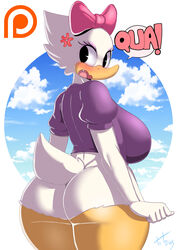  2015 abstract_background accessory anatid anseriform anthro ass avian big_breasts biped bird blush bottomless bow_(feature) bow_accessory bow_ribbon breasts centered_hair_bow clothed clothing cross-popping_vein daisy_duck dialogue disney duck female hair_accessory hair_ribbon hairbow hi_res looking_back non-mammal_breasts patreon patreon_logo ribbons solo speech_bubble standing text thick_thighs toto_draw website_logo 