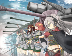  6+girls alternate_costume armor armored_dress army azumi_(girls_und_panzer) belt black_ribbon boots breastplate brown_hair cape capelet centurion_(tank) closed_mouth cloud cloudy_sky commentary_request crop_top day faceless faceless_female from_side gauntlets girls_und_panzer glasses greaves green_shirt green_skirt grey_hair hair_ribbon headband highres holding hoshikawa_(hoshikawa_gusuku) karl_gerat light_brown_hair lineup long_hair m26_pershing megumi_(girls_und_panzer) midriff military military_vehicle motor_vehicle multiple_girls open_mouth outdoors profile red_hair red_shirt red_skirt ribbon rumi_(girls_und_panzer) shimada_arisu shirt short_hair short_sleeves skirt sky smile soldier standing sword t28_super_heavy_tank tank thigh_boots thighhighs weapon wind 