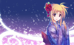  alternate_hairstyle blonde_hair bow commentary_request fate_testarossa female flower hair_flower hair_ornament japanese_clothes kimono lipstick lyrical_nanoha mahou_shoujo_lyrical_nanoha_strikers makeup own_hands_together photoshop_(medium) red_eyes red_flower red_rose rose smile solo steepled_fingers yuki_shizuku 