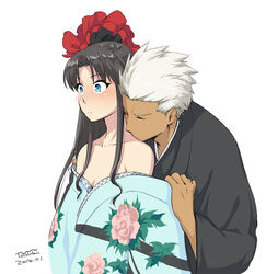  1boy archer_(fate) bad_id bad_pixiv_id bare_shoulders black_hair blue_eyes blush closed_eyes dark-skinned_male dark_skin fate/stay_night fate_(series) female floral_print flower hair_flower hair_ornament iida_toyoyuki japanese_clothes kimono kissing kissing_neck long_hair manly peony_print ponytail short_hair straight tohsaka_rin 