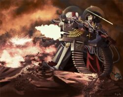  2girls adepta_sororitas armor bad_id bad_pixiv_id black_hair blood bolter crossover flamer fleur-de-lis fujiwara_no_mokou hair_ribbon heavy_bolter houraisan_kaguya long_hair multiple_girls open_mouth power_armor ribbon skull touhou traghetto warhammer_40k weapon white_hair 