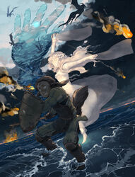  1boy animal_ears arrow_(projectile) battle clenched_teeth cloud commentary_request dark_clouds dragon dress dutch_angle female fire fireball highres horizon knee_pads long_hair magic ocean ooba pixiv_fantasia pixiv_fantasia_5 shield sky sword tail teeth tornado wading water waves weapon white_dress white_eyes white_hair 