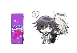  2boys ahoge android bangs blue_eyes buttons checkered_scarf danganronpa duo keebo matching_hair/eyes mecha multiple_boys new_danganronpa_v3 ouma_kokichi pants power_armor purple_eyes purple_hair robot scarf shirt short_hair side_bangs silver_hair straitjacket white_shirt 