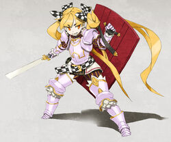  7th_dragon 7th_dragon_(series) armor berich_(7th_dragon) blonde_hair commentary_request female highres knight_(7th_dragon) long_hair looking_at_viewer miwa_shirow photoshop_(medium) shield solo sword twintails very_long_hair weapon 