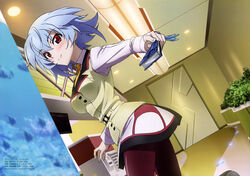  absurdres blue_hair blush female hand_fan highres imageboard_desourced infinite_stratos kondou_natsuko looking_back non-web_source nyantype official_art pantyhose red_eyes sarashiki_tatenashi school_uniform short_hair smile solo 