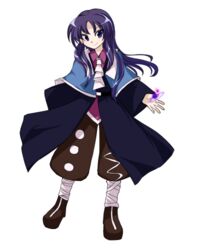  1other androgynous anmita_(rarutos) bad_id bad_link bad_twitter_id bandaged_leg bandages capelet clause_(len&#039;en) coat full_body len&#039;en long_hair lowres necktie other_focus puffy_pants purple_eyes purple_hair smile solo source_request tachi-e transparent_background 