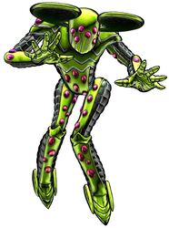  3d_(artwork) ambiguous_gender ball_breaker digital_media_(artwork) green_body hi_res hirohiko_araki humanoid jojo&#039;s_bizarre_adventure multi_eye official_art pink_eyes pose simple_background solo stand_(jjba) white_background 