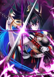  bat_(animal) black_hair black_sclera blue_hair colored_sclera commentary_request copyright_name fangs female force_of_will glowing glowing_eyes hair_ornament katana long_hair multicolored_hair official_art open_mouth pale_skin red_eyes reiya_(force_of_will) solo sword tattoo two-tone_hair vampire weapon 