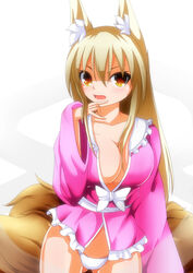  animal_ears blonde_hair blush breasts cleavage commentary_request cosplay female fox_ears fox_tail highres houraisan_kaguya houraisan_kaguya_(cosplay) large_breasts long_hair long_sleeves merry_(diameri) no_pants open_mouth panties photoshop_(medium) solo tail touhou undersized_clothes underwear white_panties yakumo_ran 